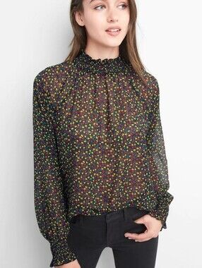 GAP Black Sheer Floral Smocked-Neck Blouse